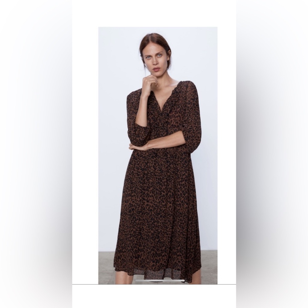 Zara Brown Animal Print Long Sleeve Dress,size S oversized, 100% Polyester
